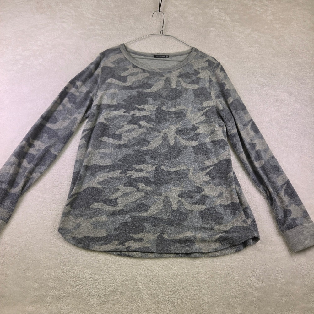 Staccato Womens Grey Camouflage Long Sleeve Crew Neck Top Heathered Camo Small